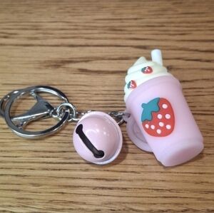 Set of 2 Strawberry Milkshake Keychains/Backpack/Bag Charms with Bell